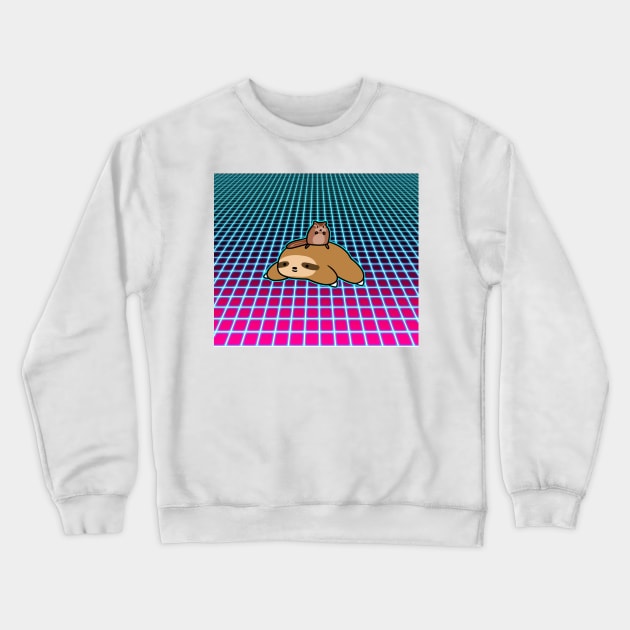 Chipmunk and Sloth Vaporwave Grid Crewneck Sweatshirt by saradaboru